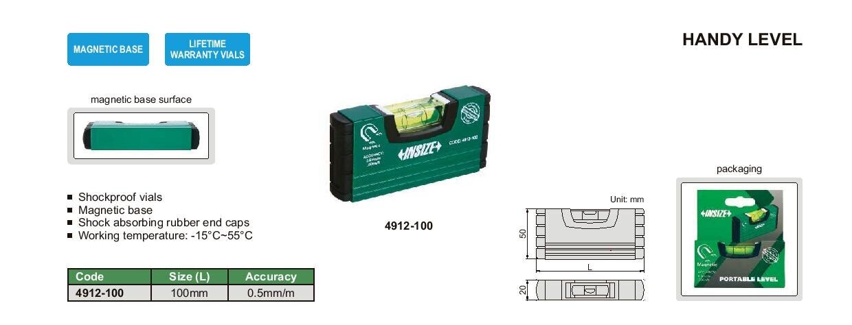 Kompaktiškas aliuminio gulsčiukas Insize (10 cm) kaina ir informacija | Mechaniniai įrankiai | pigu.lt