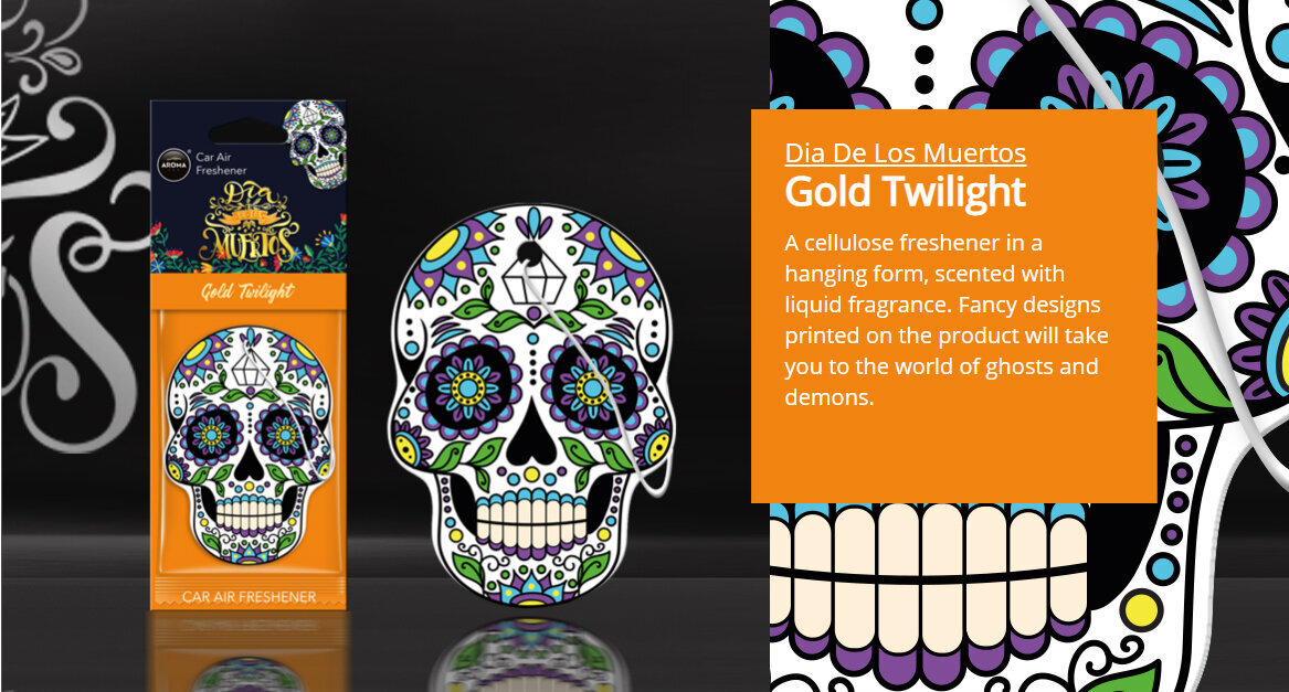 Stilingas oro gaiviklis "Kaukolė" Aroma Dia De Los Muertos Gold Twilight цена и информация | Salono oro gaivikliai | pigu.lt