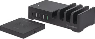 Зарядная станция Manhattan 55 W 1 x USB-C PD 30 W, 1 x USB-A QC 3,0 18 W, 3 x USB-A 5 V 2,4 A (36 W) и Qi 10 W беспроводное индукционное зарядное устройство цена и информация | Зарядные устройства для телефонов | pigu.lt