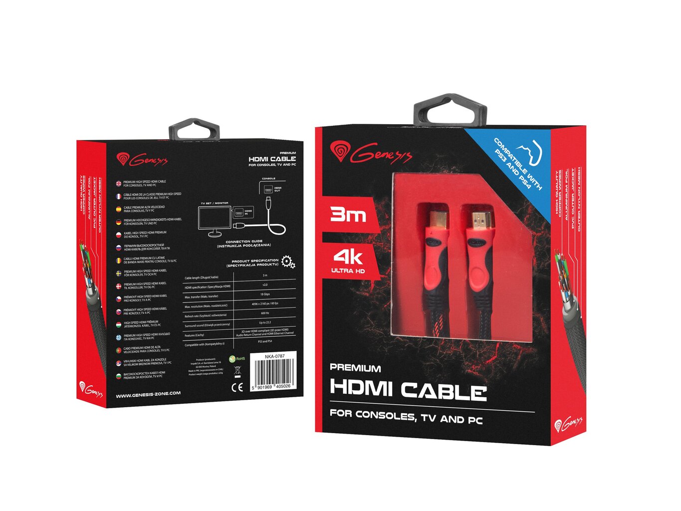 Kabelis Genesis NKA-0787, HDMI - HDMI v2.0, 3 m kaina ir informacija | Adapteriai, USB šakotuvai | pigu.lt