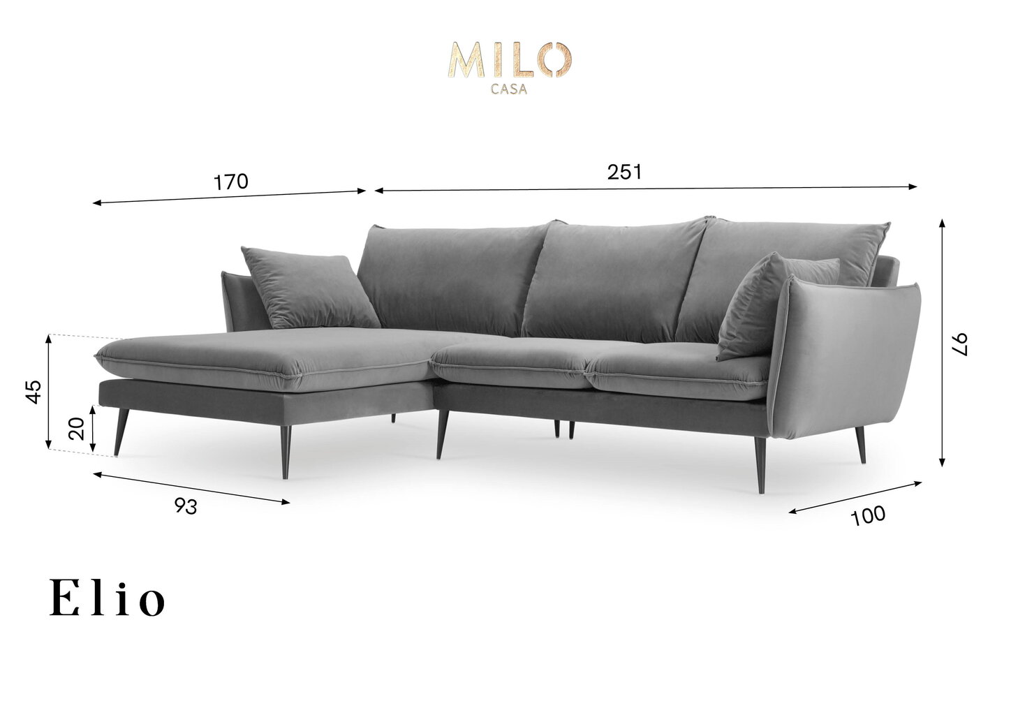Minkštas kampas Milo Casa Elio, juodos spalvos kaina ir informacija | Minkšti kampai | pigu.lt