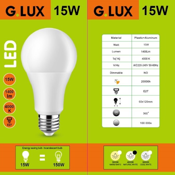 LED lemputės G.LUX GR-LED-A60-15W 4000K, 10vnt. Pakuotė kaina ir informacija | Elektros lemputės | pigu.lt