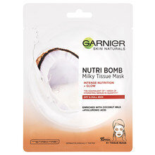 Drėkinamoji lakštinė kaukė su kokosų pienu Garnier NutriI Bomb 32 g kaina ir informacija | Veido kaukės, paakių kaukės | pigu.lt