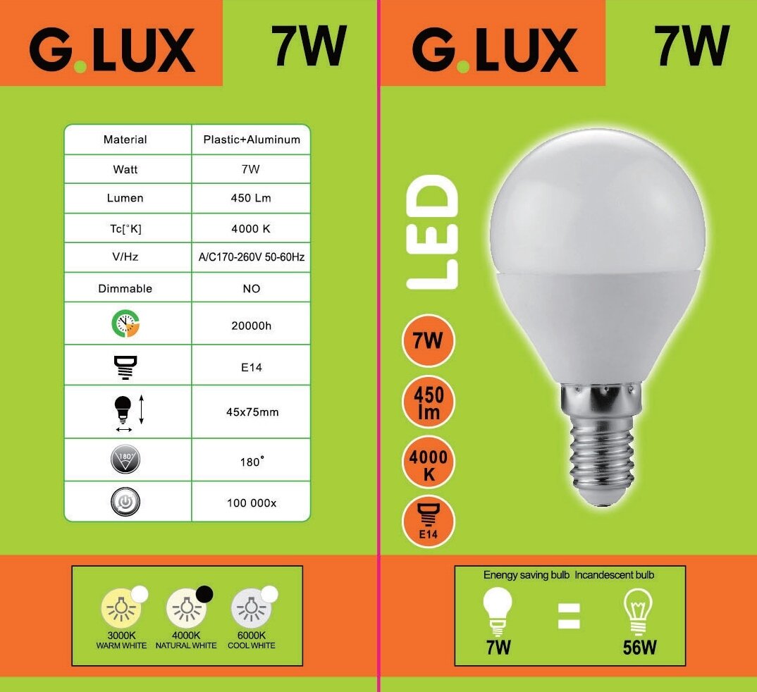 LED lemputės G.LUX GR-LED-G45-E14-7W 4000K, 10vnt Pakuotė kaina ir informacija | Elektros lemputės | pigu.lt