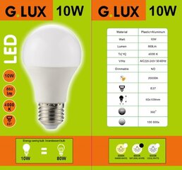 <p>Светодиодные лампы G. LUX GR-LED-A60-10W 4000K, 10шт. Упаковка</p>
 цена и информация | Электрические лампы | pigu.lt