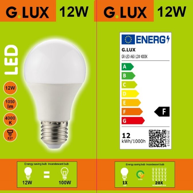 LED lemputės G.LUX GR-LED-A60-12W 4000K, 10vnt. Pakuotė kaina ir informacija | Elektros lemputės | pigu.lt