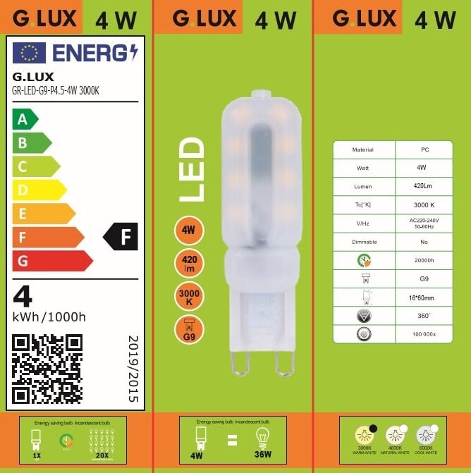 LED lemputės G.LUX GR-LED-G9-P4.5-4W 3000K MATINĖ- 10 vnt. pakuotė kaina ir informacija | Elektros lemputės | pigu.lt