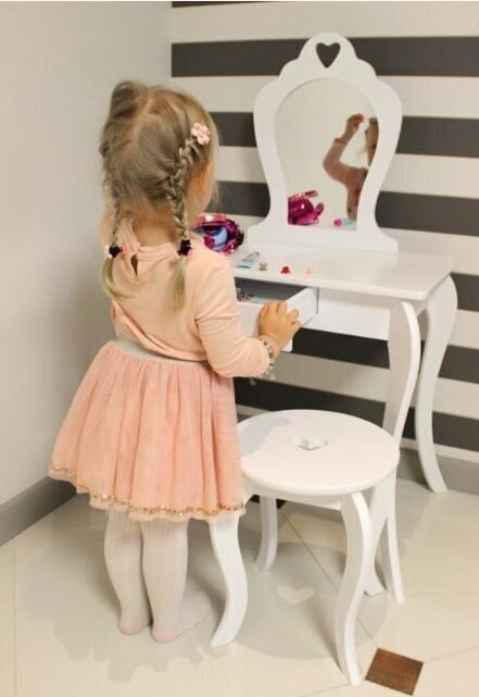Vaikiškas kosmetinis staliukas su kėdute Princess, baltas kaina ir informacija | Kosmetiniai staliukai | pigu.lt