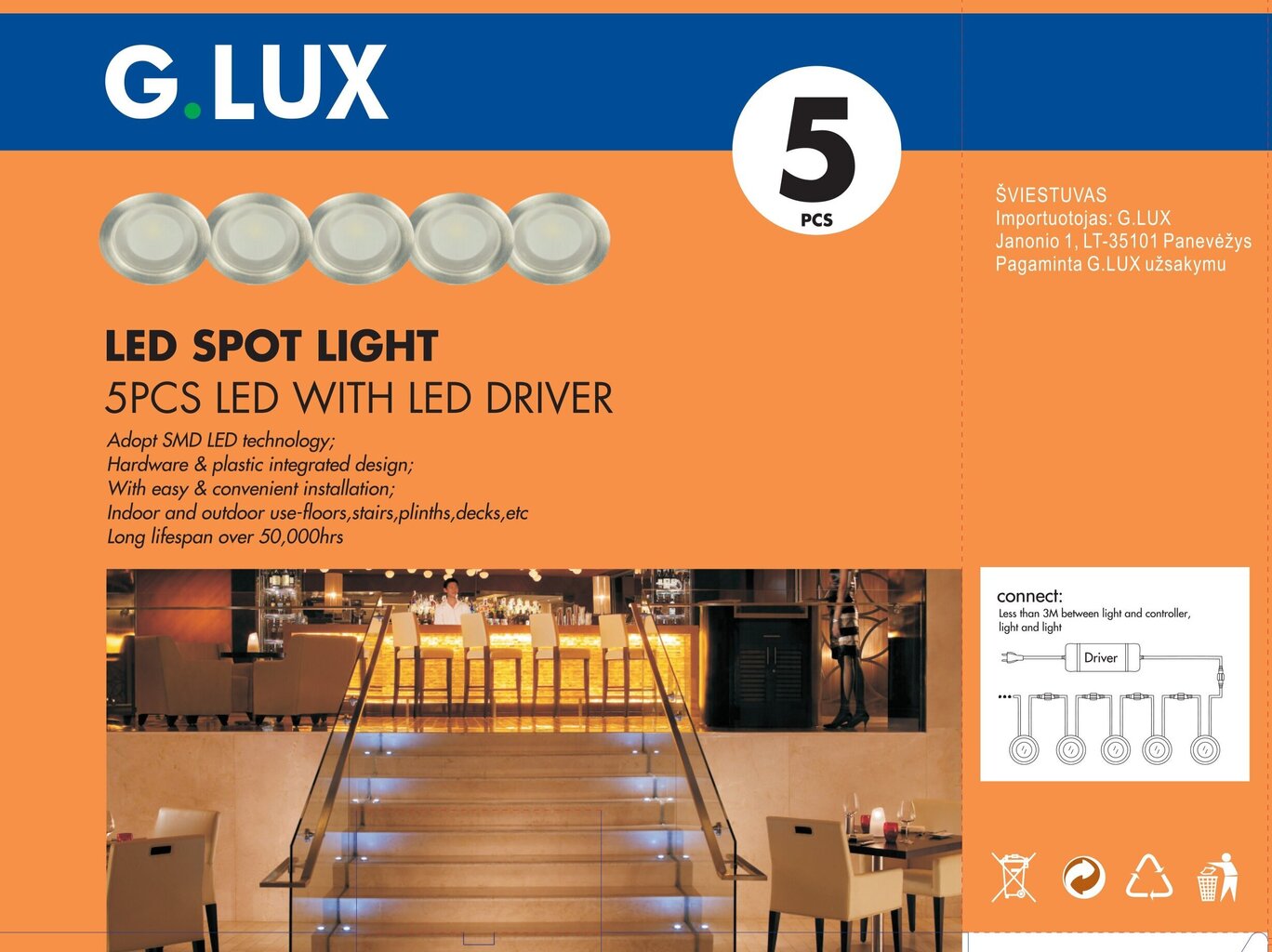 LED Laiptų šviestuvai LBS-3107-5 LED 5x0.3W kaina ir informacija | Įmontuojami šviestuvai, LED panelės | pigu.lt