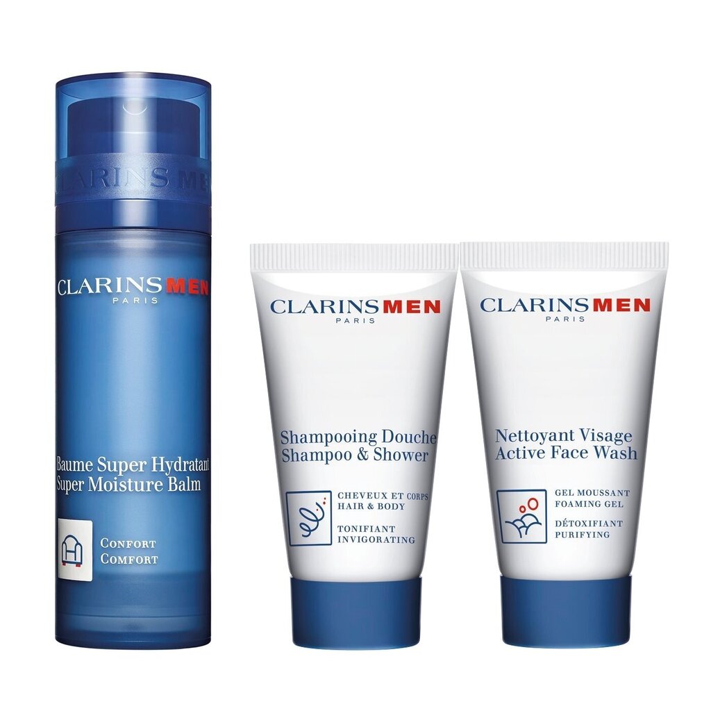 Kosmetikos rinkinys vyrams Clarins Men: drėkinantis losjonas 50 ml + veido prausiklis 30 ml + šampūnas 30 ml kaina ir informacija | Veido kremai | pigu.lt