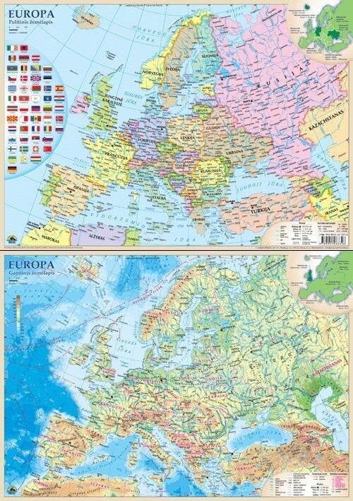 Europos politinis ir gamtinis žemėlapis (dvipusis). 42x29,7 cm (A3), laminuotas kaina ir informacija | Žemėlapiai | pigu.lt