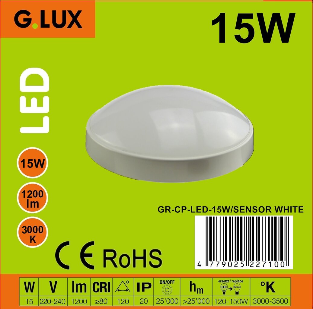 LED Šviestuvas su judesio davikliu G.LUX GR-CP-LED-15W/SENSOR kaina ir informacija | Lubiniai šviestuvai | pigu.lt