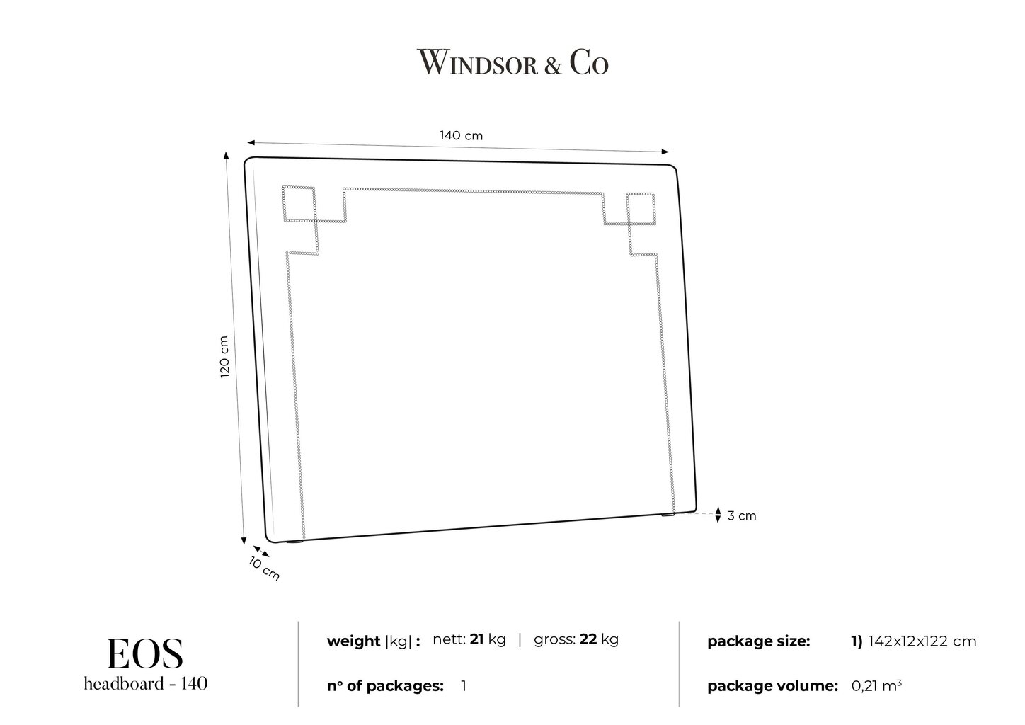 Lovos galvūgalis Windsor and Co Eos 140 cm, pilkas kaina ir informacija | Lovos | pigu.lt