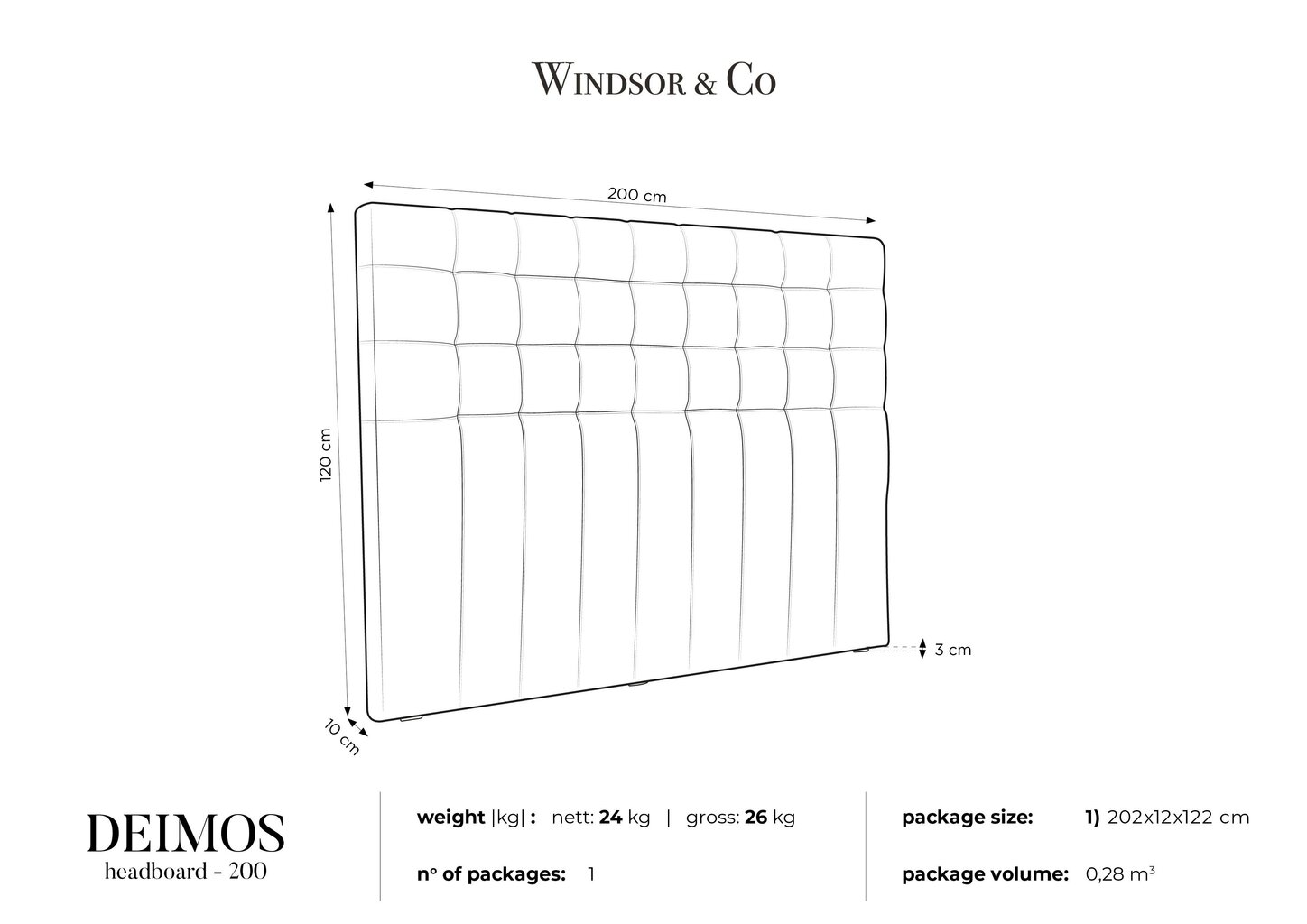Lovos galvūgalis Windsor and Co Deimos 200 cm, baltas kaina ir informacija | Lovos | pigu.lt