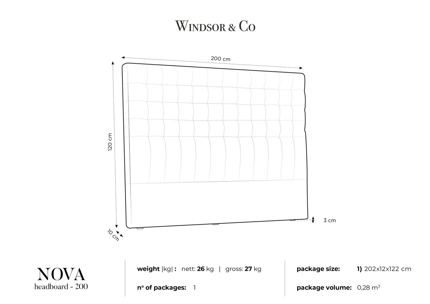 Lovos galvūgalis Windsor and Co Nova 200 cm, juodas kaina ir informacija | Lovos | pigu.lt