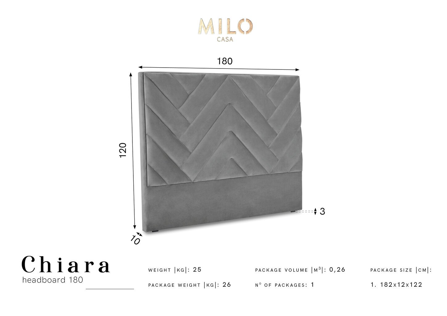 Lovos galvūgalis Milo Casa Chiara 180 cm, pilkas kaina ir informacija | Lovos | pigu.lt