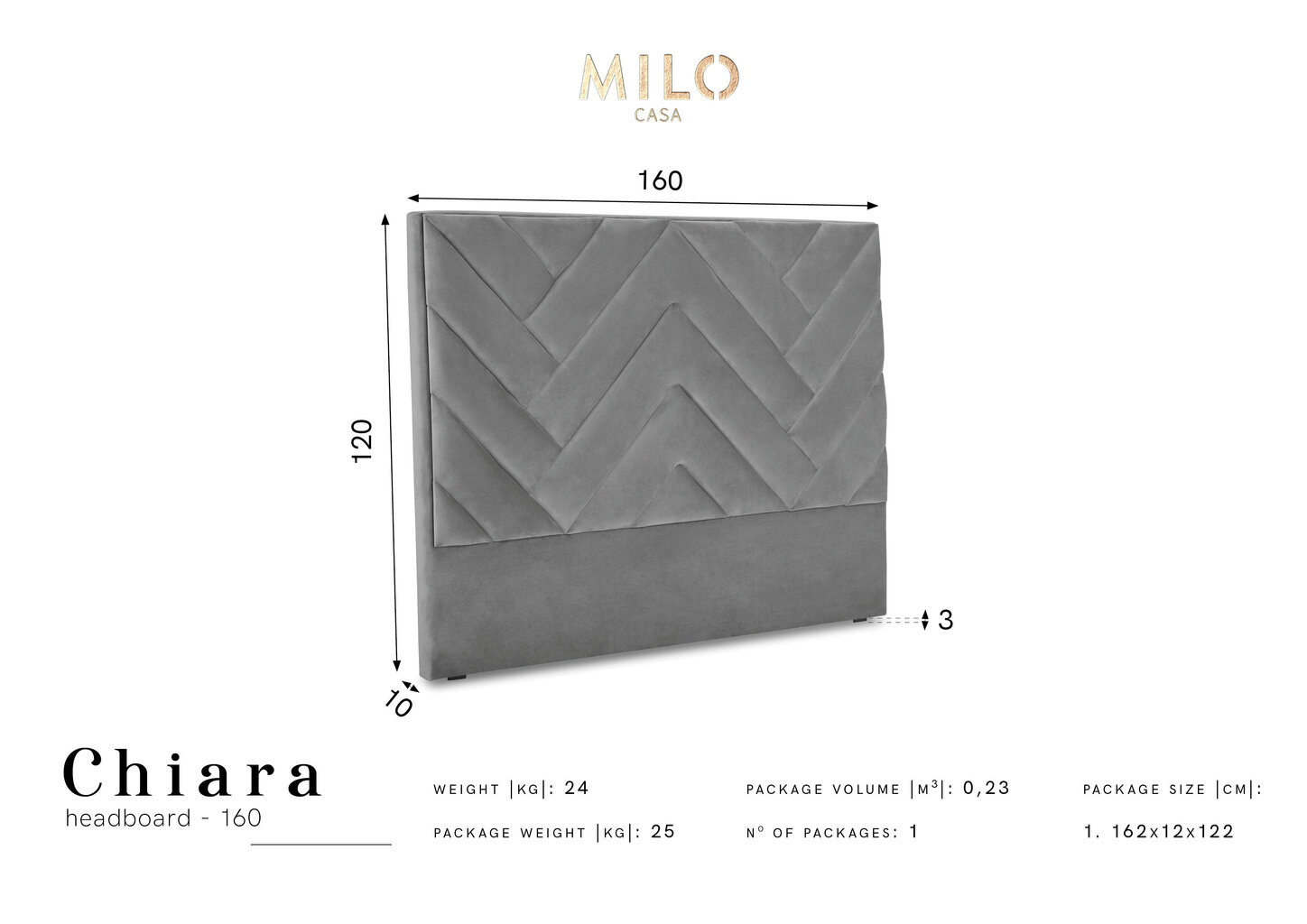Lovos galvūgalis Milo Casa Chiara 160 cm, tamsiai pilkas kaina ir informacija | Lovos | pigu.lt