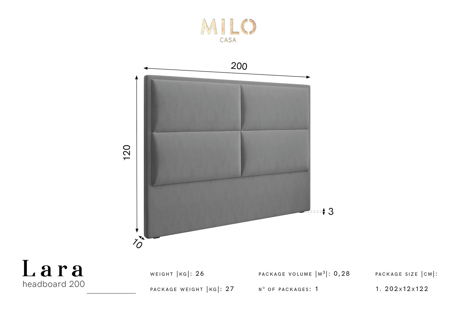 Lovos galvūgalis Milo Casa Lara 200 cm, kreminis kaina ir informacija | Lovos | pigu.lt