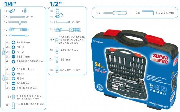 Įvairių įrankių rinkinys Super Ego 1/2-1/4" (94 vnt.) цена и информация | Mechaniniai įrankiai | pigu.lt