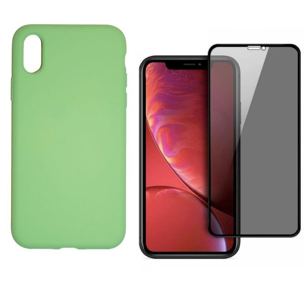 360 protection Set -telefono dėklas silikoninis - žalia (green tea) + grūdinto stiklo ekrano apsauga Privacy, skirtas iPhone X/XS kaina ir informacija | Telefono dėklai | pigu.lt