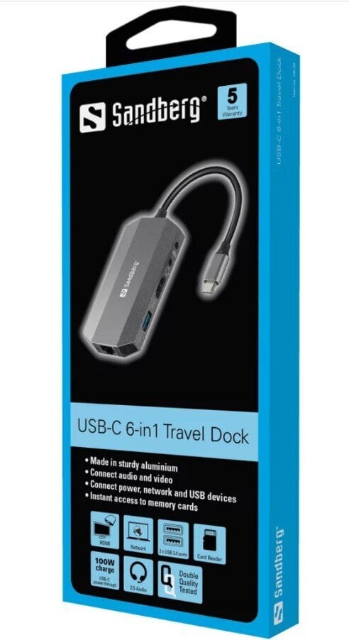 Sandberg USB-C 6in1 Travel Dock, USB-C/HDMI/USB-A/RJ-45/Micro SD kaina ir informacija | Adapteriai, USB šakotuvai | pigu.lt
