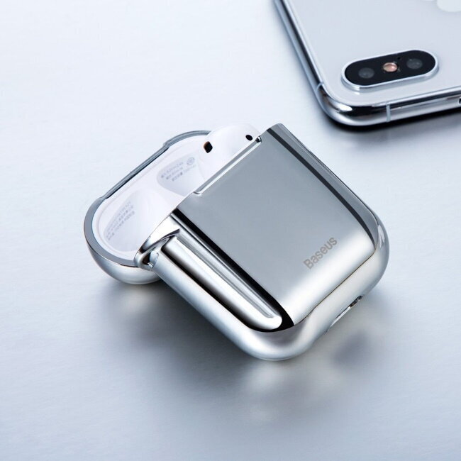 Dėkliukas Baseus Metallic Shining Ultra-thin Silicone Protector Case with Hook for Airpods, Silver kaina ir informacija | Ausinės | pigu.lt