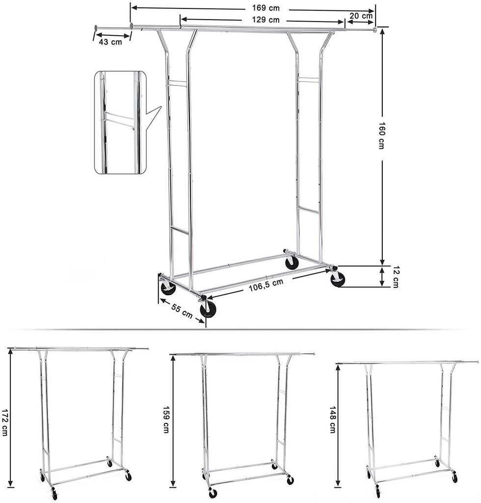 Drabužių kabykla Songmics 172 cm, sidabro spalvos kaina ir informacija | Drabužių kabyklos | pigu.lt