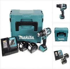 Аккумуляторная ударная дрель Makita, 18 В, 2 ионно-литиевых аккумулятора по 5,0 Ач, 54/30 Нм, 1,6 кг, светодиод, DHP484RTJ  цена и информация | Шуруповерты, дрели | pigu.lt