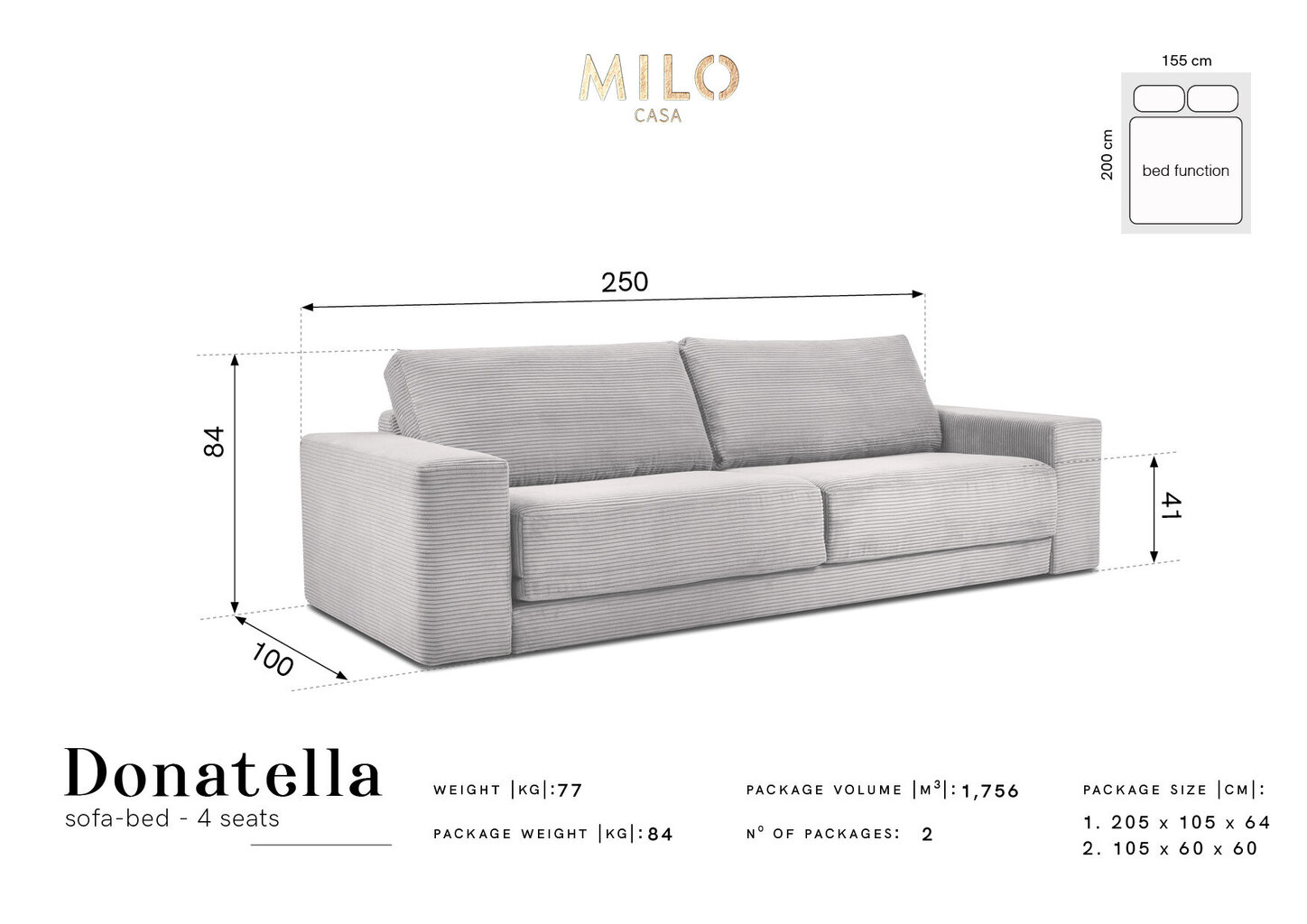 Sofa Milo Casa Donatella, šviesiai pilka kaina ir informacija | Sofos | pigu.lt