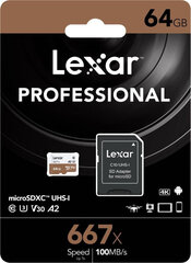 Lexar считыватель карты памяти microSDXC 64GB Pro 667X U3 V30 + адаптер цена и информация | Lexar Мобильные телефоны, Фото и Видео | pigu.lt