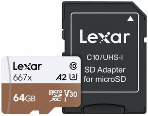 Lexar считыватель карты памяти microSDXC 64GB Pro 667X U3 V30 + адаптер цена и информация | Карты памяти для телефонов | pigu.lt