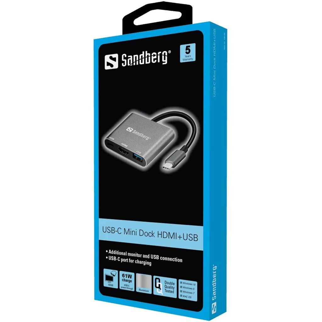 Sandberg 136-00, USB-C/USB-A/HDMI kaina ir informacija | Adapteriai, USB šakotuvai | pigu.lt