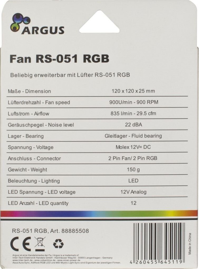 Inter-Tech Argus RS-051 RGB kaina ir informacija | Kompiuterių ventiliatoriai | pigu.lt