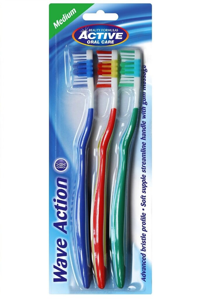 Vidutinio kietumo dantų šepetėliai Active oral Care Wave Action Medium, 3 vnt. цена и информация | Dantų šepetėliai, pastos | pigu.lt