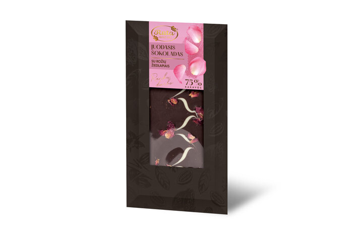 Juodasis šokoladas (75%) su rožių žiedlapiais, 100 g (vokelyje) kaina ir informacija | Saldumynai | pigu.lt