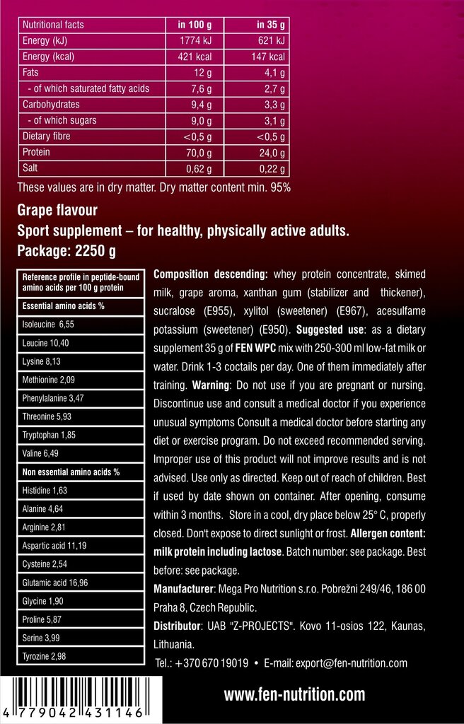 Fen WPC baltyminis kokteilis, vynuogių skonio, 2.25 kg kaina ir informacija | Baltymai | pigu.lt