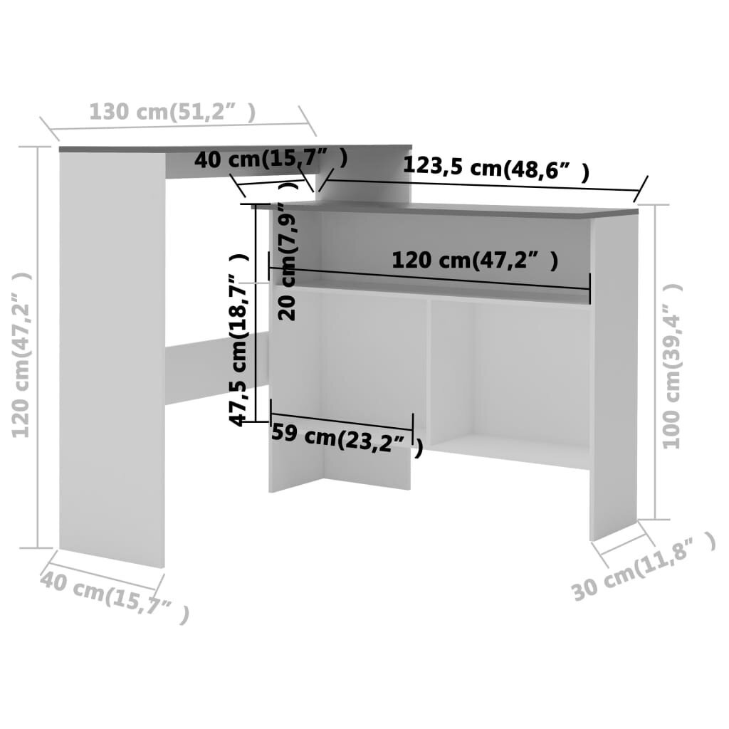 Baro stalas su 2 stalviršiais 130x40x120cm, , balta ir pilka kaina ir informacija | Virtuvės ir valgomojo stalai, staliukai | pigu.lt