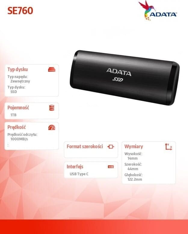 Adata SE760 ASE760-1TU32G2-CBK kaina ir informacija | Išoriniai kietieji diskai (SSD, HDD) | pigu.lt