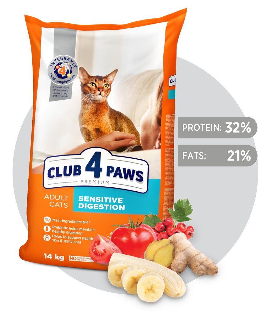 CLUB 4 PAWS Premium pilnavertis sausas maistas suaugusioms katėms jautriam virškinimui „SENSITIVE DIGESTION“, 14kg kaina ir informacija | Sausas maistas katėms | pigu.lt