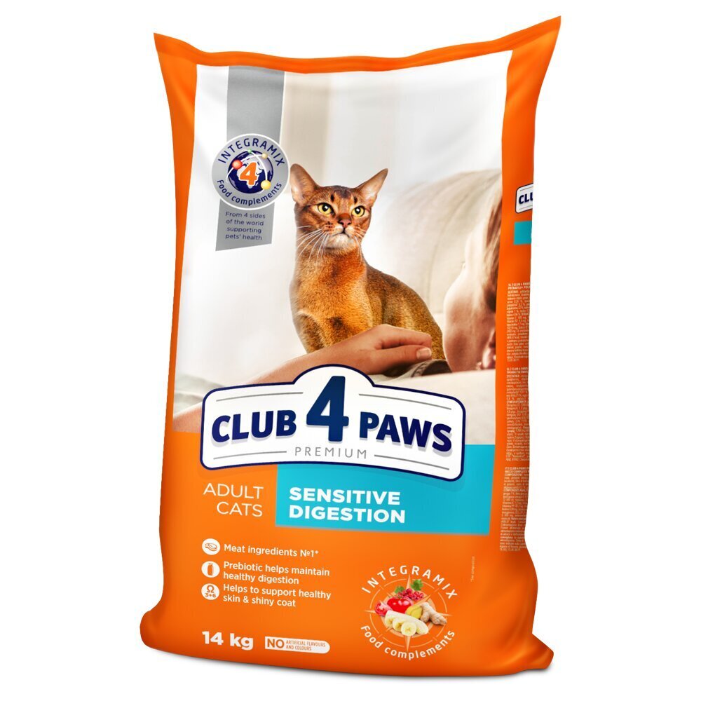 CLUB 4 PAWS Premium pilnavertis sausas maistas suaugusioms katėms jautriam virškinimui „SENSITIVE DIGESTION“, 14kg kaina ir informacija | Sausas maistas katėms | pigu.lt