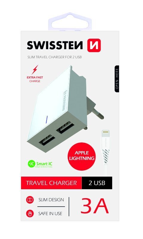Swissten Premium Travel Charger USB 3А / 15W With Lightning (MD818) Cable 120 cm White цена и информация | Krovikliai telefonams | pigu.lt
