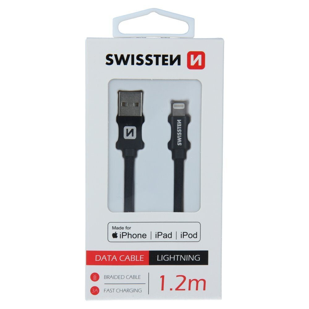 Swissten (MFI) Textile Fast Charge 3A Lightning (MD818ZM/A) Data and Charging Cable 1.2m Black kaina ir informacija | Kabeliai ir laidai | pigu.lt