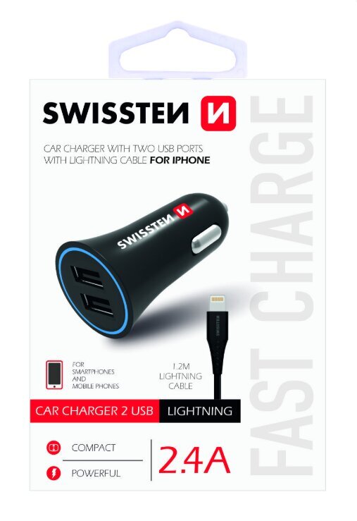 Swissten Premium Car charger 12 / 24V / 1A + 2.1A + Lightning Data Cable 100 cm Black цена и информация | Krovikliai telefonams | pigu.lt