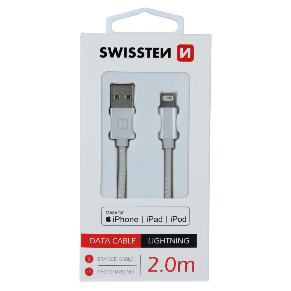 Swissten (MFI) Textile Fast Charge 3A Lightning (MD818ZM/A) Data and Charging Cable 2.0m Silver цена и информация | Kabeliai ir laidai | pigu.lt