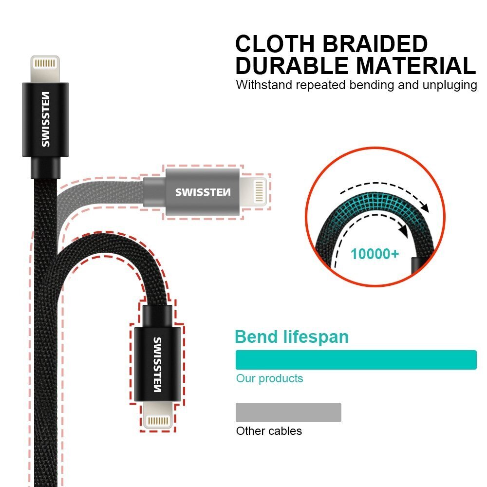 Swissten Textile Universal Quick Charge 3.1 USB-C to Lightning duomenų perdavimo ir krovimo laidas, 1.2m kaina ir informacija | Kabeliai ir laidai | pigu.lt