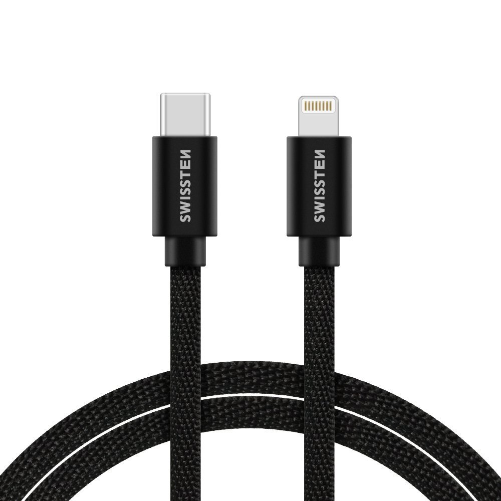 Swissten Textile Universal Quick Charge 3.1 USB-C to Lightning Data and Charging Cable 1.2m Black цена и информация | Kabeliai ir laidai | pigu.lt