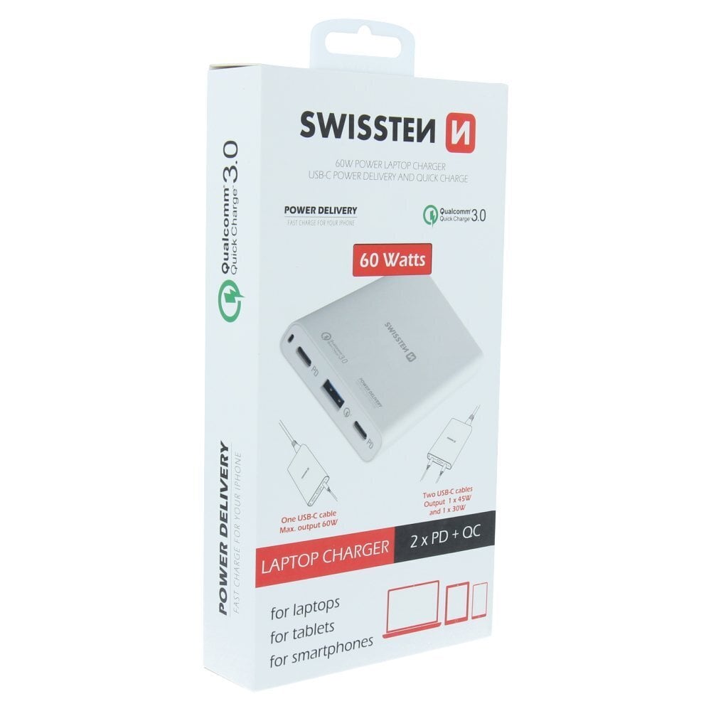 Swissten Travel Charger Notebooks and MacBook / 60W / PD3.0 / QC3.0 / PPS / White цена и информация | Atsarginiai maitinimo šaltiniai (power bank) | pigu.lt