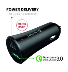 Автомобильное зарядное устройство c USB-C + Quick Charge Swissten Mеталл 3.0 / 36Вт / черное цена и информация | Swissten Мобильные телефоны и аксессуары | pigu.lt