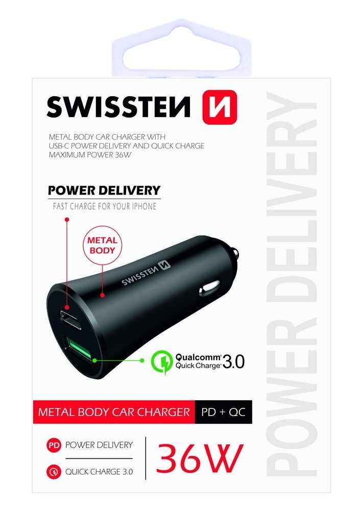 Swissten Metal Car Charger Adapter with Power Delivery USB-C + Quick Charge 3.0 / 36W / Black kaina ir informacija | Krovikliai telefonams | pigu.lt