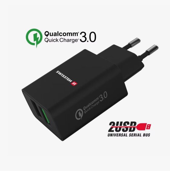 Swissten Premium Travel Charger 2x USB QC3.0 23W Black kaina ir informacija | Krovikliai telefonams | pigu.lt
